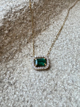 Load image into Gallery viewer, Colombian Emerald with floating diamond halo necklace - Moriah Stanton