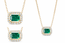 Load image into Gallery viewer, Colombian Emerald with floating diamond halo necklace - Moriah Stanton