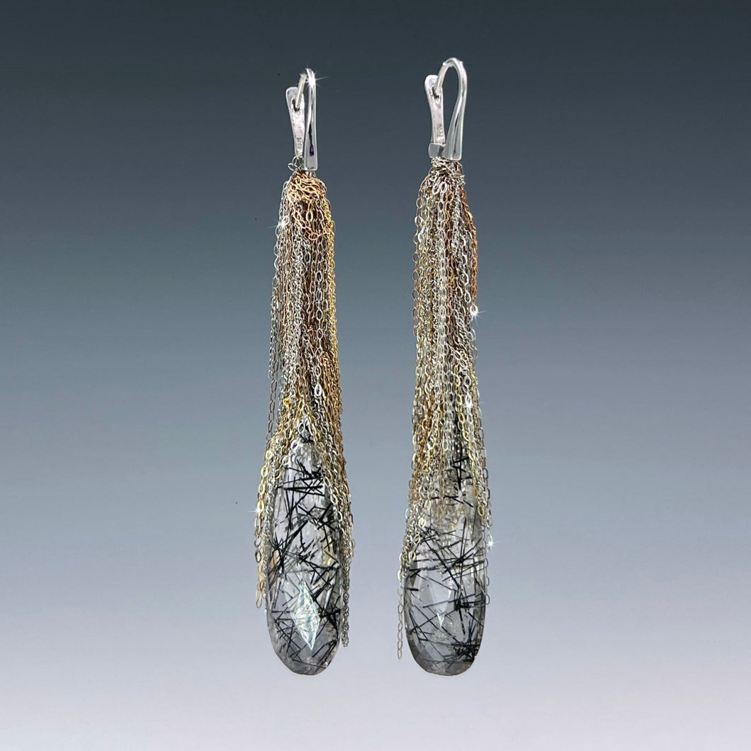 Gold Fringe Earrings with Faceted Tourmalated Quartz - Martin Bernstein